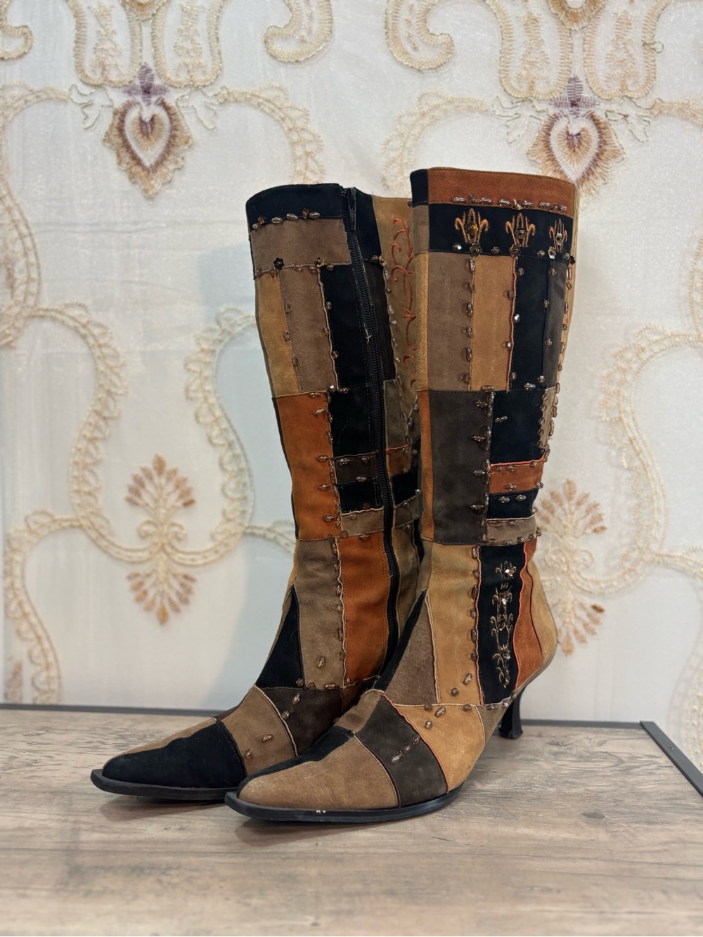 ✨Vintage Y2K Bohemian Beaded & Embroidered Brown Leather Patchwork Boots✨